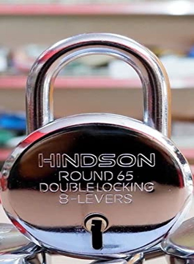 HINDSON Lock Round 65mm with 3 Key, Steel Double Locking, 8 Lever Padlock for Door, Gate, Shutter (Finish Silver) (Lock with Chain) - Image 4